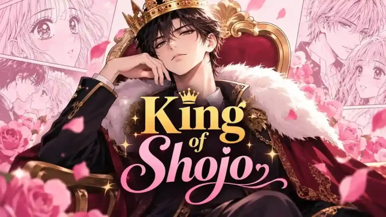 King of Shojo official cover art – handsome black-haired king with golden crown sitting on red throne wearing black and red royal cape with white fur, surrounded by pink roses and manga panels of supporting characters