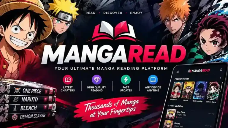 MangaRead platform banner featuring Luffy, Naruto, Ichigo, and Tanjiro with the slogan "Your Ultimate Manga Reading Platform."