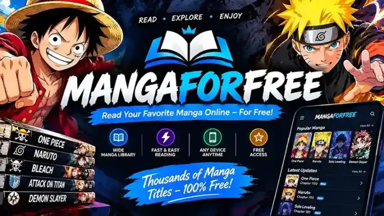 MangaForFree website banner featuring Luffy from One Piece and Naruto, promoting a platform to read free manga online.