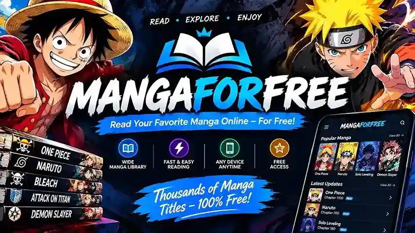MangaForFree website banner featuring Luffy from One Piece and Naruto, promoting a platform to read free manga online.