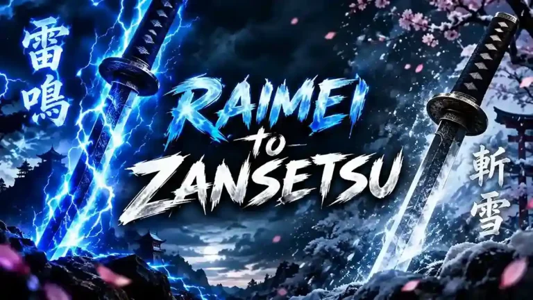 Raimei to Zansetsu title art with dual katanas lightning Japanese landscape cherry blossoms