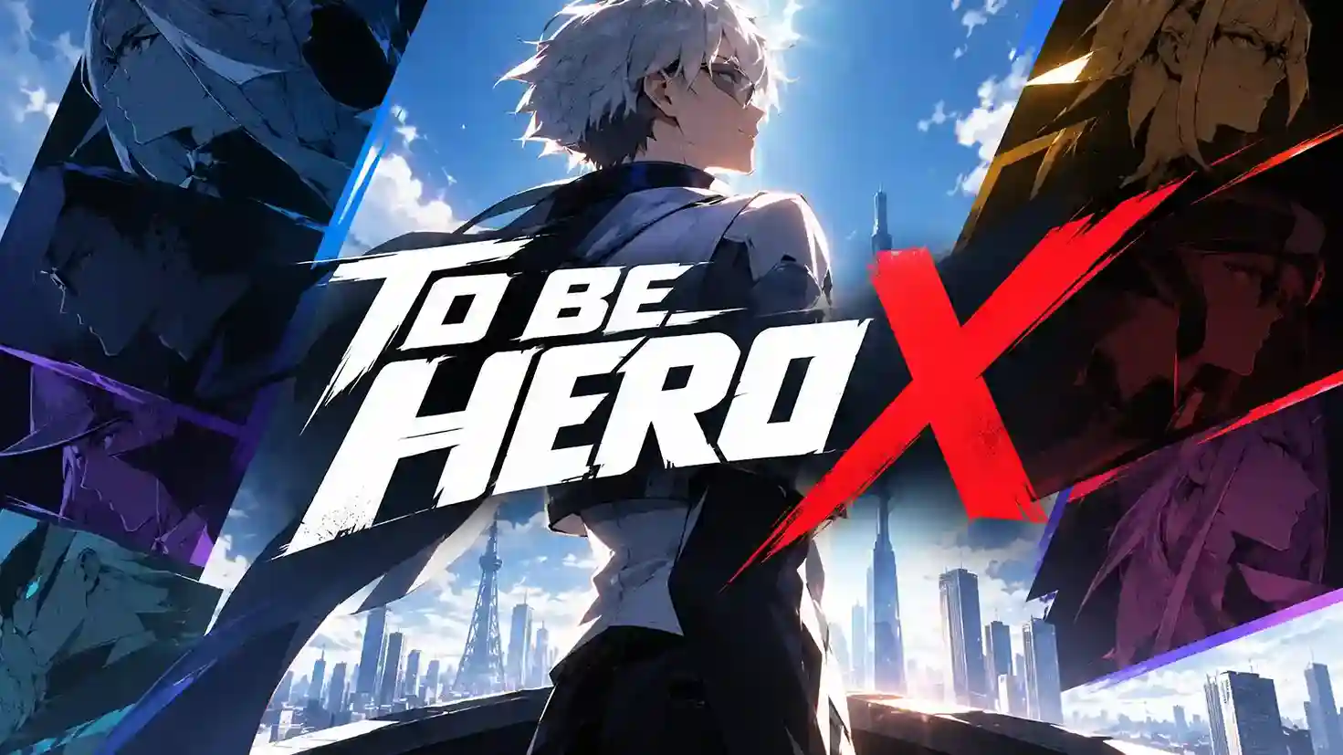 To Be Hero X anime official poster featuring white-haired protagonist looking over shoulder against city skyline with large red X logo and surrounding characters