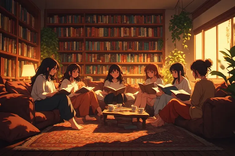 Cozy illustration of a women's reading group gathered in a warm library to discuss a cliterary book club novel.