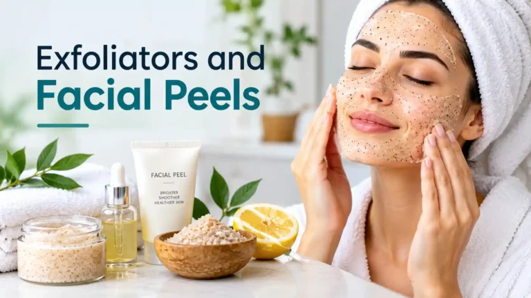 Exfoliators and facial peels with facial scrub, skincare products, and a woman applying an exfoliating face mask.