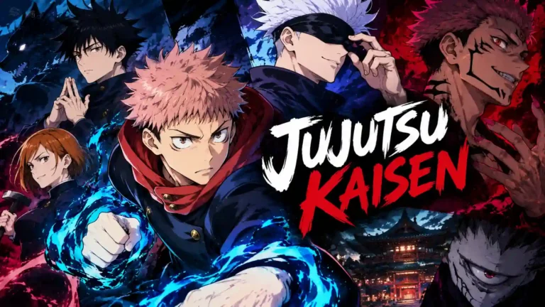 Jujutsu Kaisen anime characters featuring Yuji Itadori, Satoru Gojo, Megumi Fushiguro, Nobara Kugisaki, and Sukuna