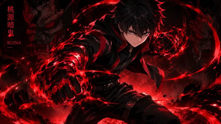Kuina from Tougen Anki in a dynamic anime combat pose surrounded by glowing red energy against a dark background.