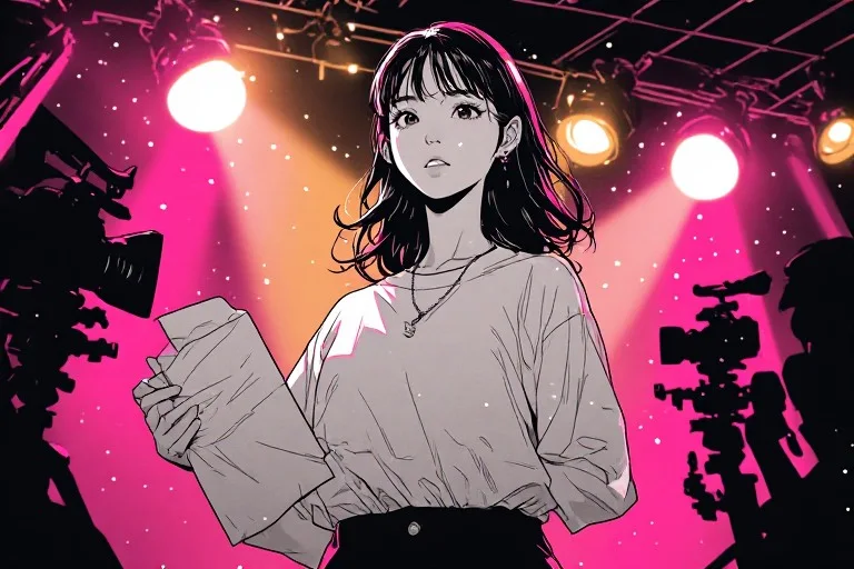 Lights Camera Action Mangago manhwa character standing under stage spotlights with film camera background