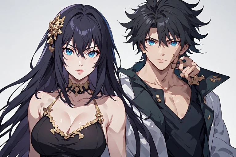 Main dark-haired female and male protagonists with glowing blue eyes in Slave Code Chapter 16.