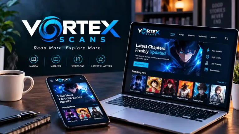 Vortex Scans manga and manhwa reading platform displayed on a laptop and smartphone with anime artwork