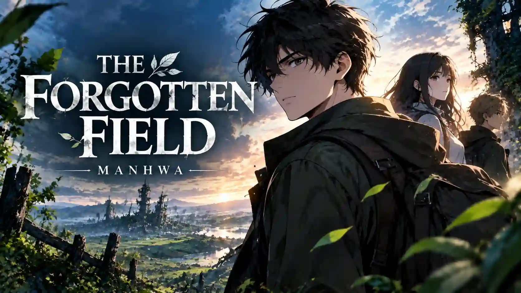 The Forgotten Field Manhwa featured image showing a dark-haired adventurer and companions overlooking a mysterious ruined landscape