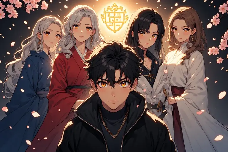 Taiyo's Sisters-in-Law Need His Seed web novel guide — key visual of Taiyo with the three sisters-in-law