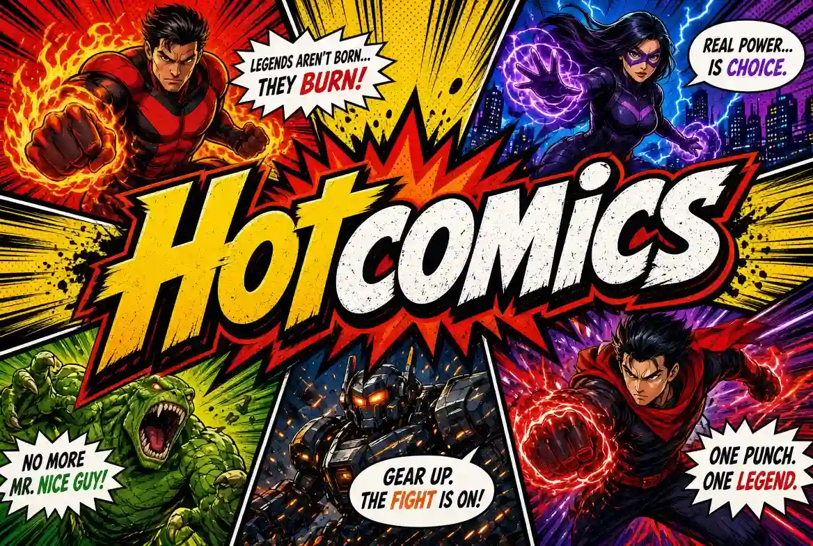 Hot Comics promotional artwork featuring fiery male superhero, purple energy heroine, green reptile monster, armored robot, and punching hero with bold comic speech bubbles
