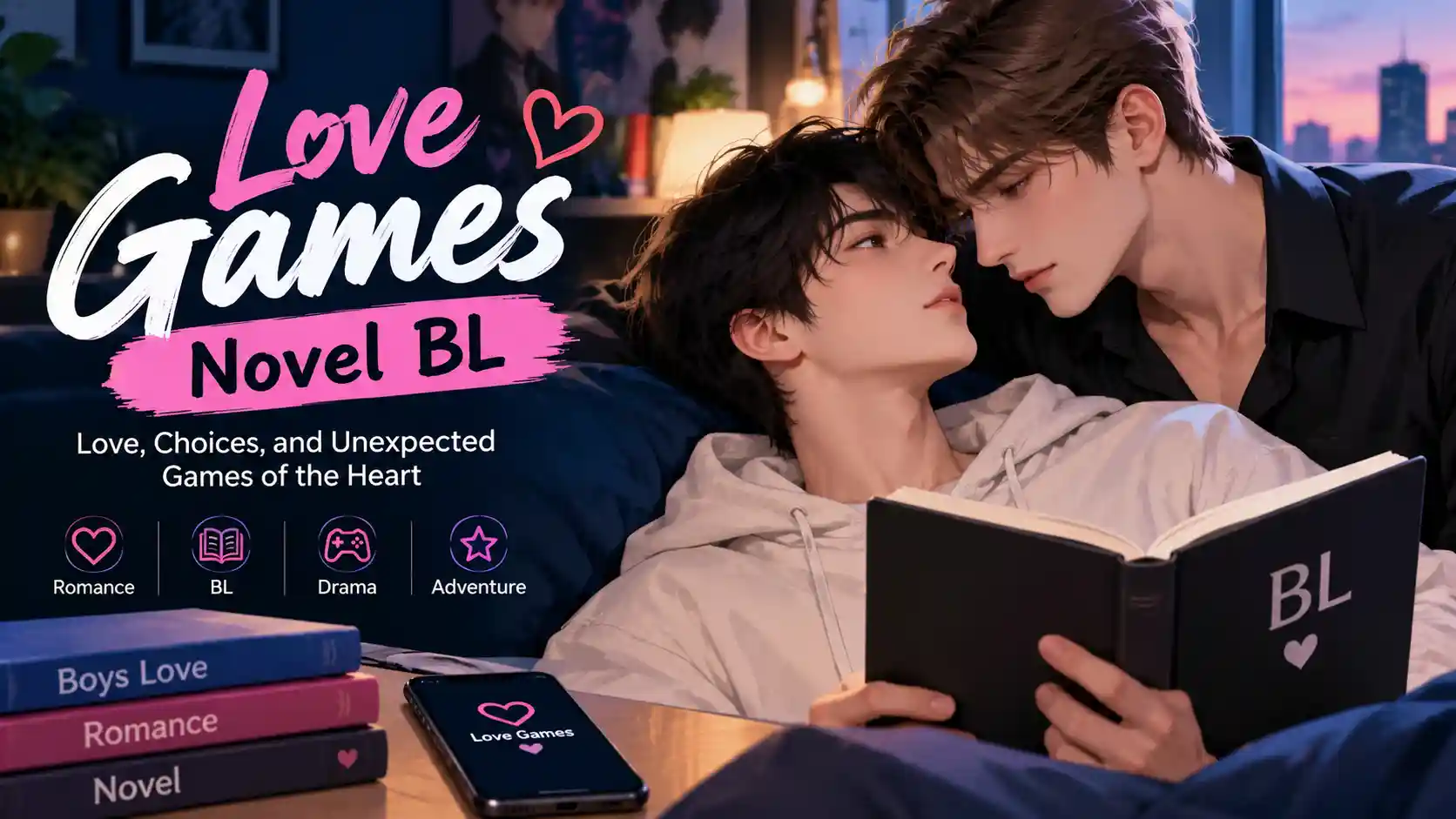 Love Games Novel BL featured image showing two young men sharing a tender romantic moment while reading a book.