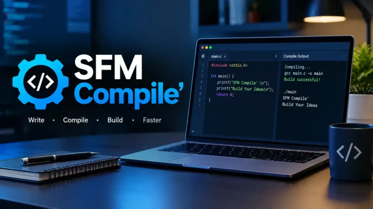 SFM Compile tool displayed on a laptop with code editor and successful compilation output