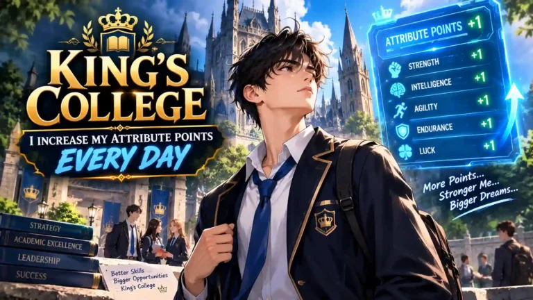 King's College I Increase My Attribute Points Every Day featured image showing an anime student at a fantasy academy with glowing attribute points.