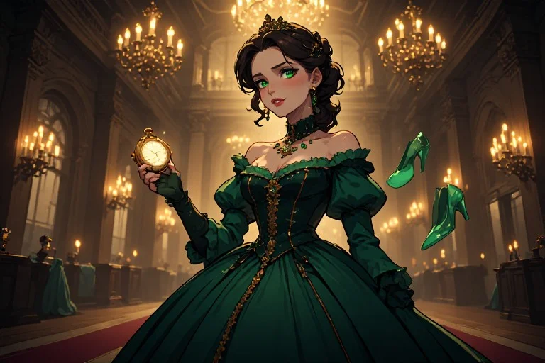 Regal stepmother character in emerald gown inside a fairy tale palace ballroom representing a wicked tale of cinderella's stepmom novel