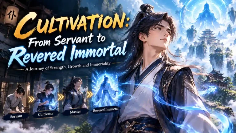 Cultivation: From Servant to Revered Immortal featured image showing a powerful cultivator in blue and white robes surrounded by magical energy and floating temples.
