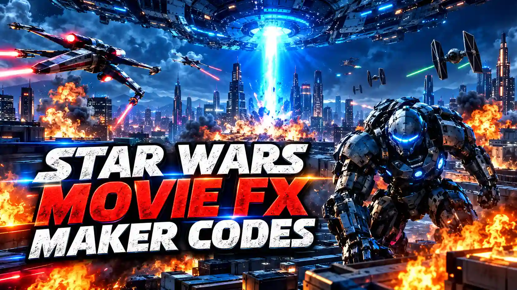 Image Alt Text: Star Wars Movie FX Maker Codes featuring a futuristic sci-fi battle with spaceships, explosions, and a robotic warrior.