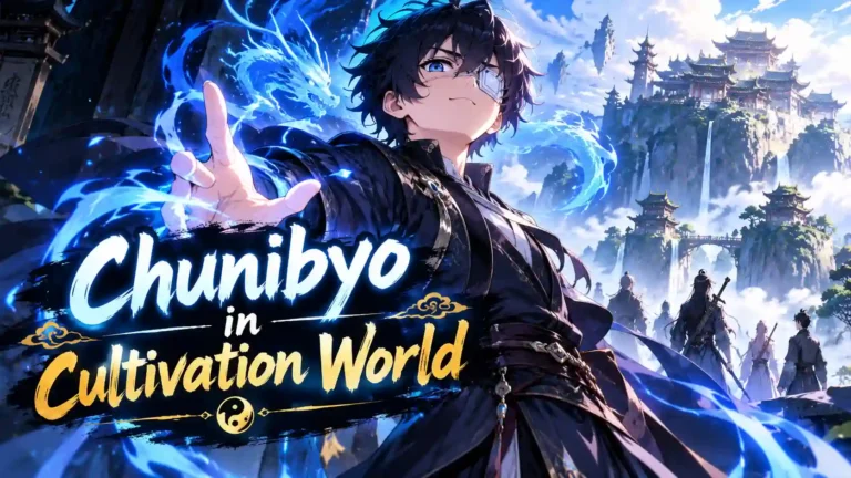 Chunibyo in Cultivation World anime character using blue cultivation energy in a fantasy mountain setting