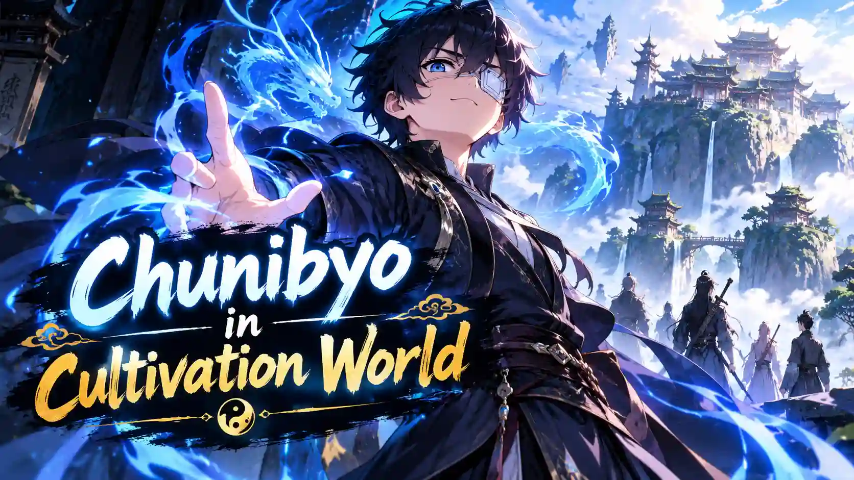 Chunibyo in Cultivation World anime character using blue cultivation energy in a fantasy mountain setting