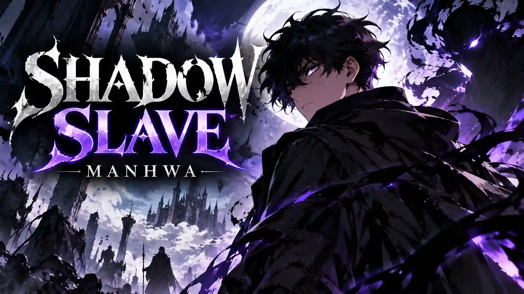 Shadow Slave Manhwa featured image showing a black-haired protagonist, purple shadows, and a glowing moon